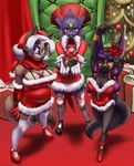  anthro anubian_jackal bell big_breasts blue_eyes blush breasts canine christmas chubby claws cleavage clothed clothing cute elbow_gloves female gift gloves hair high_heels holidays jackal legwear looking_at_viewer mammal mistletoe nintendo one_eye_closed pink_eyes pok&#233;mon pok&eacute;mon purple_hair raccoon red_eyes red_hair scarf smile soothe_bell stockings teckworks video_games weavile white_hair wink 