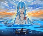  antenna_hair blue_eyes blue_hair bubble cloud denpa_onna_to_seishun_otoko hand_on_own_chest highres long_hair nail_polish ocean off_shoulder open_mouth partially_submerged partially_underwater_shot pleated_skirt reflection skirt sky solo tears touwa_erio twilight very_long_hair wading water wet wet_clothes xyomouse 