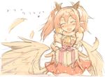  ^_^ blush box closed_eyes earrings feathers gift gift_box horns jewelry lilim_(shingeki_no_bahamut) mel/a outstretched_arms pink_hair pointy_ears shingeki_no_bahamut solo twintails wings 
