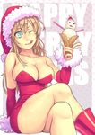  ;q aqua_eyes bags_under_eyes bare_shoulders blonde_hair boots breasts cleavage crossed_legs detached_sleeves food hat ice_cream ice_cream_cone large_breasts long_hair mustard_seeds one_eye_closed original santa_costume santa_hat sitting snowman solo tongue tongue_out yuuji_(and) 
