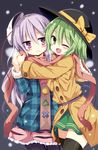  black_legwear coat green_eyes green_hair hat hata_no_kokoro highres hug komeiji_koishi long_hair mask maturiuta_sorato multiple_girls noh_mask one_eye_closed pantyhose purple_eyes purple_hair scarf shared_scarf skirt smile thighhighs touhou zettai_ryouiki 