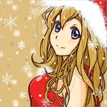  blonde_hair blue_eyes breasts hat jungon k-on! kotobuki_tsumugi looking_at_viewer lowres pixiv_thumbnail santa_costume santa_hat smile snowing 
