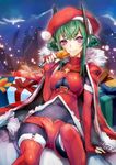  box breasts cape christmas cleavage_cutout fingerless_gloves food gift gift_box gloves green_hair hat headgear highres large_breasts long_hair menou_kaname original purple_eyes red_gloves santa_hat smile solo taishi_(picchiridou) thighhighs underboob 