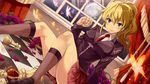  blonde_hair blue_eyes brass_knuckles bug butterfly checkered checkered_floor chess_piece clenched_hand curtains dutch_angle flower full_moon insect kneehighs long_hair moon necktie ougon_musou_kyoku petals ponytail rose sitting solo thorns tomozo_kaoru umineko_no_naku_koro_ni ushiromiya_jessica weapon window 