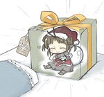  ^_^ antenna_hair bad_id bad_pixiv_id bag brown_hair chibi christmas closed_eyes double_bun gift gloves hat heart kantai_collection naka_(kantai_collection) sack santa_costume santa_hat sitting smile solo x-ray yuasan 