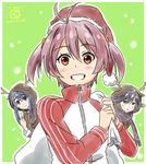  :&lt; animal_costume antlers blue_hair blush brown_hair christmas futaba_aoi_(vividred_operation) grin hat isshiki_akane jacket kueru_(yuuki_tamerawanai) kuroki_rei long_hair looking_at_viewer multiple_girls open_mouth purple_eyes purple_scarf reindeer_costume sack santa_costume santa_hat scarf short_hair smile track_jacket vividred_operation 