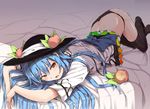  black_legwear black_panties blue_hair blush food fruit hat hinanawi_tenshi long_hair looking_at_viewer lying neropaso on_stomach panties peach red_eyes skirt skirt_lift solo thighhighs touhou underwear 