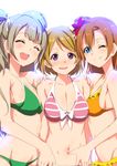  :d ;) ^_^ belly_grab bikini blue_eyes blush bow breasts brown_eyes brown_hair clearite cleavage closed_eyes flower frilled_bikini frills front-tie_top girl_sandwich green_bikini hair_bow hair_flower hair_ornament hand_on_hip hand_on_shoulder highres koizumi_hanayo kousaka_honoka long_hair looking_at_viewer love_live! love_live!_school_idol_project medium_breasts minami_kotori multiple_girls navel one_eye_closed one_side_up open_mouth orange_hair printemps_(love_live!) pure_girls_project sandwiched short_hair sideboob smile spread_navel swimsuit yellow_eyes 