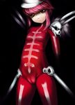  aabitan bad_id bad_pixiv_id bodysuit bone cameltoe hat highres jakuzure_nonon kamina_shades kill_la_kill looking_at_viewer pink_hair red_bodysuit red_eyes shako_cap shoulder_pads sidelocks skull solo symphony_regalia 