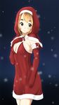  1girl blonde_hair blue_eyes blush breasts christmas gloves hand_on_another's_chest hand_on_chest k-on! kotobuki_tsumugi long_hair looking_down santa_costume smile snowing solo 