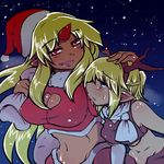  antlers blonde_hair breasts cleavage horn hoshiguma_yuugi large_breasts long_hair lowres medium_breasts mizuhashi_parsee multiple_girls nekokokazuma pointy_ears red_eyes sack santa_costume short_hair touhou 