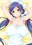  alternate_hair_ornament armpits arms_up blush bow breasts breasts_apart camisole clearite covered_nipples frills gloves green_eyes hair_bow highres large_breasts long_hair love_live! love_live!_school_idol_project lying no_bra on_back purple_hair sagging_breasts smile solo toujou_nozomi twintails 