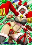  :o bell blazblue blush_stickers boots bow breasts cat_tail christmas cleavage covered_nipples earrings fish food hair_bow hood hoodie jewelry konakona large_breasts navel open_mouth ribbon santa_costume solo stocking_stuffer suspenders tail tan taokaka thighhighs v-shaped_eyebrows 