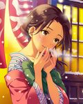  after_bath bag bathhouse blush breath brown_eyes brown_hair cold curtains door floral_print haori idolmaster idolmaster_cinderella_girls japanese_clothes jpeg_artifacts kawashima_mizuki kimono neck noren official_art sliding_doors snow snowing solo winter yukata 