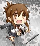  bell_(oppore_coppore) brown_eyes brown_hair chibi flying_sweatdrops folded_ponytail honeycomb_(pattern) honeycomb_background inazuma_(kantai_collection) kantai_collection long_hair pleated_skirt school_uniform serafuku skirt solo torpedo 