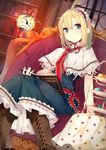  alice_margatroid ascot benio_(dontsugel) blonde_hair blue_eyes book bookshelf boots capelet cross-laced_footwear dress hairband heart heart_print highres lace-up_boots lamp lolita_hairband short_hair sitting solo touhou 