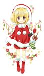  :d blonde_hair christmas christmas_ornaments christmas_stocking christmas_tree hibiki_no_mahou izumi_rei merry_christmas open_mouth red_eyes santa_costume short_hair side_ponytail smile snowflakes solo 