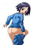  ass blue_eyes blue_hair blush from_behind hair_over_one_eye isu jacket kuromajo-san_ga_tooru!! kurotori_chiyoko lowres open_mouth panties pants pants_around_one_leg solo track_jacket track_pants track_suit underwear when_you_see_it white_background 