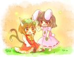  animal_ears bow brown_hair bunny_ears bunny_tail carrot cat_ears cat_tail chen chibi clover dress flower four-leaf_clover gradient gradient_background grass hair_flower hair_ornament hand_on_own_head hat inaba_tewi jewelry long_sleeves mob_cap multiple_girls multiple_tails open_mouth orange_background outdoors pendant pink_dress red_eyes short_hair sitting skirt skirt_set tail tanikake_yoku touhou 