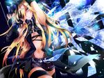  arm_up blonde_hair blue_eyes blue_nails breasts elbow_gloves gloves highres lily_(vocaloid) long_hair medium_breasts nail_polish navel shorts solo tyouya underboob vocaloid zipper 