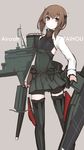  anchor blush bow_(weapon) brown_eyes brown_hair crossbow headband kantai_collection looking_at_viewer mikoto_(oi_plus) short_hair skirt solo standing taihou_(kantai_collection) weapon 