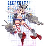  argyle argyle_background black_panties blonde_hair boots cannon dragonmaterial elbow_gloves gloves grey_eyes grey_footwear highleg highleg_panties highres kantai_collection lifebuoy long_hair miniskirt navel open_mouth outstretched_arm panties rensouhou-chan sailor_collar shimakaze_(kantai_collection) skirt striped striped_legwear thighhighs underwear 
