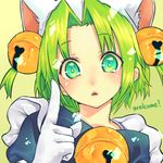  animal_ears aqua_eyes bell cat_ears dejiko di_gi_charat gloves green_hair hair_intakes hair_ornament index_finger_raised jingle_bell looking_at_viewer short_hair short_twintails solo tokijim twintails yellow_background 