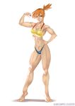  adapted_costume alan_campos barefoot bikini blue_eyes breasts cleavage gym_leader hand_on_hip highleg highleg_bikini highleg_swimsuit highres holding holding_poke_ball kasumi_(pokemon) muscle navel orange_hair poke_ball pokemon pose short_hair side_ponytail solo swimsuit thick_thighs thighs toes toned 