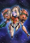  absurdres alan_campos arm_cannon blonde_hair blue_eyes floating highres lips long_hair looking_at_viewer mecha metroid neon_trim no_headwear no_helmet nose ponytail power_armor power_suit realistic samus_aran solo space star_(sky) varia_suit weapon 