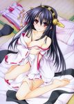  aoi_hiro bare_shoulders barefoot black_hair blush breasts cleavage detached_sleeves from_above futon hairband haruna_(kantai_collection) headgear japanese_clothes kantai_collection large_breasts long_hair pillow red_eyes ribbon-trimmed_sleeves ribbon_trim sitting smile soles solo wariza 
