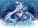  :d aqua_eyes aqua_hair bad_id bad_pixiv_id black_gloves black_legwear bow cape dress fingerless_gloves gloves hat hat_bow hatsune_miku long_hair open_mouth pantyhose smile snowflakes solo staff suki!_yuki!_maji_magic_(vocaloid) t_miyanagi twintails very_long_hair vocaloid witch_hat yuki_miku 