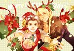  2boys ahoge antlers bag blonde_hair bow brown_eyes brown_hair candy christmas dated flower food fur_trim garyuu_kyouya gift gift_bag green_background gyakuten_saiban gyakuten_saiban_4 hairband hat long_hair male_focus merry_christmas multiple_boys niian odoroki_housuke one_eye_closed poinsettia polka_dot polka_dot_background ribbon santa_hat smile star 