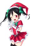  ;d \m/ belt black_hair blush bow christmas double_\m/ dress fur_trim hair_bow hat looking_at_viewer love_live! love_live!_school_idol_project nico_nico_nii one_eye_closed open_mouth red_eyes santa_costume santa_hat satou_kuuki short_hair smile solo thighhighs twintails yazawa_nico 