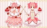  animal_ears bad_id bad_pixiv_id bow bubble_skirt bunny_ears choker color_connection crossover di_gi_charat dice_hair_ornament food fork frills fruit gloves hair_bow hair_intakes hair_ornament hairpin kaname_madoka long_hair look-alike macaron magical_girl mahou_shoujo_madoka_magica mari_(fool_lovers) multiple_girls pink pink_eyes pink_hair plate raspberry ribbon_choker short_hair short_twintails skirt smile striped striped_background symmetry twintails usada_hikaru vertical-striped_background vertical_stripes 