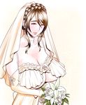  blush breasts brown_hair cleavage dress flower highres huge_breasts long_hair milf mole tatsunami_youtoku underboob wedding wedding_dress 