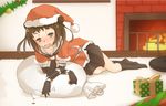  black_gloves blush brown_eyes brown_hair christmas cup double_bun drinking_glass dripping drunk elbow_gloves fireplace gift gloves hat kantai_collection naka_(kantai_collection) open_mouth sack sakurea saliva santa_hat school_uniform serafuku short_hair skirt smile solo wine_glass 