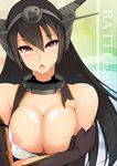  :o black_hair breasts chestnut_mouth cleavage collar cum cum_on_body cum_on_breasts cum_on_upper_body dean gloves headgear highres inverted_nipples kantai_collection large_breasts long_hair nagato_(kantai_collection) nipple_slip nipples red_eyes solo torn_clothes 