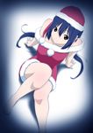  bare_shoulders barefoot black_hair blurry brown_eyes depth_of_field hat k-on! long_hair nakano_azusa oku_no_shi santa_costume santa_hat solo 