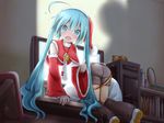  ahoge akino_coto aqua_eyes aqua_hair ass caught commentary_request computer fangs fingernails hat hatsune_miku kagamine_rin long_hair multiple_girls sack santa_costume santa_hat shorts star through_screen thumbs_up twintails very_long_hair vocaloid 