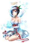  bad_id bad_pixiv_id bare_shoulders blue_eyes breasts cleavage dress elbow_gloves gloves hair_ornament halo hobak large_breasts original skirt solo white_gloves wings 