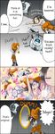  4koma aperture_science_handheld_portal_device chell chibi comic hard_translated hat long_fall_boots magical_girl musical_note personality_core portal portal_(series) portal_2 translated uotapo wheatley witch_hat younger 