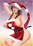  apron areola_slip areolae breasts brown_eyes brown_hair christmas copyright_request covered_nipples curvy gigantic_breasts gloves hat highres huge_breasts legs long_hair looking_at_viewer mature naked_apron nipples open_mouth ponytail red_gloves santa_hat smile solo tatsunami_youtoku thighs 