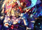  adapted_costume bad_id bad_pixiv_id blonde_hair dress flandre_scarlet flying hat hat_ribbon head_tilt hug kneehighs lavender_hair light_particles looking_at_viewer multicolored multicolored_background multiple_girls parted_lips puffy_short_sleeves puffy_sleeves red_eyes remilia_scarlet ribbon short_hair short_sleeves siblings silentdin sisters sleeveless sleeveless_dress slit_pupils touhou window wrist_cuffs 