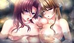  2girls areolae atelier_kaguya blush breast_press breast_squeeze breasts brown_hair censored collarbone double_paizuri gigantic_breasts huge_breasts long_hair mole multiple_girls multiple_paizuri nipples open_mouth paizuri penis purple_eyes saliva shiny shiny_skin tongue tongue_out wet 