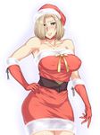  bare_shoulders black_beat blonde_hair breasts brown_eyes gloves hand_on_hip hat highres hips large_breasts looking_at_viewer majestic_prince red_gloves santa_costume santa_hat short_hair simple_background smile solo suzukaze_rin white_background 