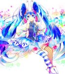  antennae blue_eyes blue_hair hatsune_miku highres long_hair mismatched_legwear necktie shirayuki_towa skirt solo striped striped_legwear thighhighs twintails vertical-striped_legwear vertical_stripes very_long_hair vocaloid 