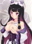  akechi_mitsuhide_(sengoku_collection) bell black_hair blush bow braid breast_hold breasts dress hair_bell hair_bow hair_ornament highres jingle_bell large_breasts light_smile long_hair looking_at_viewer multicolored_hair nipples off_shoulder pasya-pasya purple_eyes purple_hair sengoku_collection shirt_lift skindentation solo twin_braids two-tone_hair wide_sleeves 