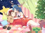  amami_haruka animal_costume antlers bare_shoulders blue_hair blush brown_hair christmas closed_eyes detached_sleeves gift hair_ribbon hat idolmaster idolmaster_(classic) kisaragi_chihaya long_hair multiple_girls nonowa pantyhose reindeer_antlers reindeer_costume ribbon santa_costume santa_hat short_hair smile sou_(tuhut) star yuri 