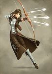  aiming arrow bow_(weapon) breasts brown_eyes brown_hair daniel_macgregor drawing_bow fingerless_gloves firing gloves greaves guild_wars headband holding holding_arrow holding_bow_(weapon) holding_weapon long_coat medium_breasts outstretched_arm pants solo vambraces weapon 