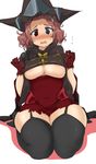  @_@ blue_eyes blush breasts brown_hair embarrassed eyebrows flying_sweatdrops forehead_jewel garter_straps gloves hat heterochromia hilda_(lord_of_vermilion_iii) large_breasts lord_of_vermilion lord_of_vermilion_iii momio open_mouth red_eyes seiza short_hair sitting solo thick_thighs thighhighs thighs underboob wavy_mouth 
